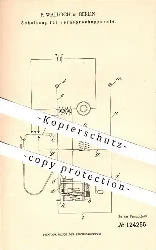 original Patent - F. Walloch , Berlin , 1901, Schaltung für Fernsprecher , Telefon , Telefonie , Strom , Magnet , Wecker