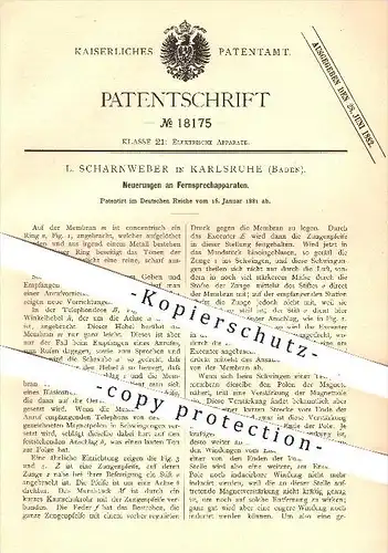 original Patent - L. Scharnweber in Karlsruhe , 1881 , Fernsprechapparat , Fernsprecher , Telefon , Telefone , Telefonie