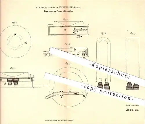 original Patent - L. Scharnweber in Karlsruhe , 1881 , Fernsprechapparat , Fernsprecher , Telefon , Telefone , Telefonie