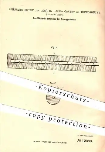 original Patent - H. Bothe auf Gräfin Laura Grube bei Königshütte , Oberschlesien , 1880 , Zündhülse für Sprengpatronen