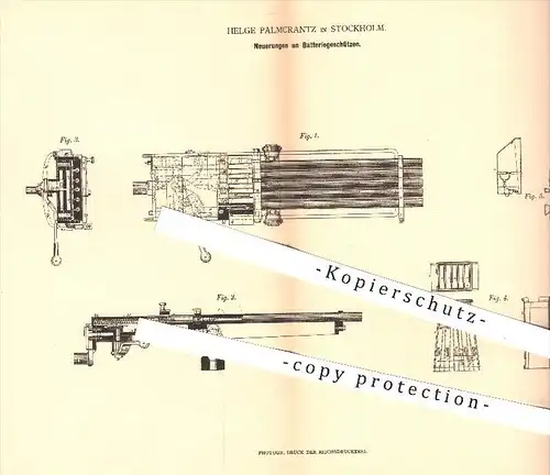 original Patent - Helge Palmcrantz in Stockholm , 1878 , Batteriegeschütze , Waffen , Geschosse , Geschütze , Kaliber