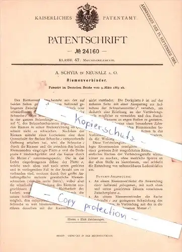 Original Patent  - A. Schyia in Neusalz a. O. , 1883 ,  Riemenverbinder !!!