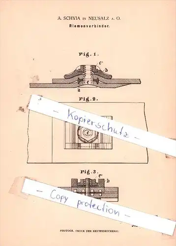 Original Patent  - A. Schyia in Neusalz a. O. , 1883 ,  Riemenverbinder !!!