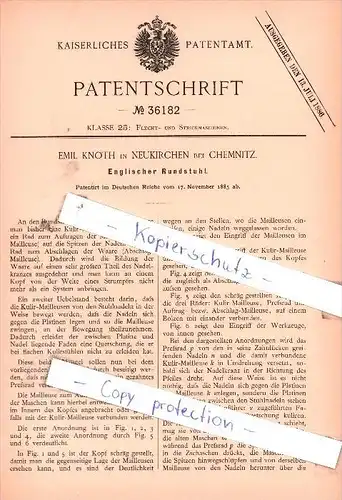 Original Patent  -  Emil Knoth in Neukirchen bei Chemnitz , 1885 , Englischer Rundstuhl !!!