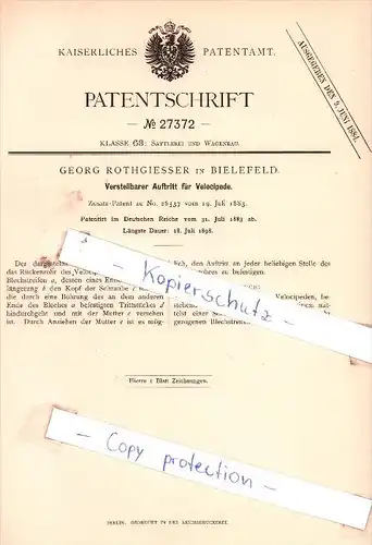 Original Patent  - Georg Rothgiesser in Bielefeld , 1883 , Verstellbarer Auftritt für Velocipede !!!