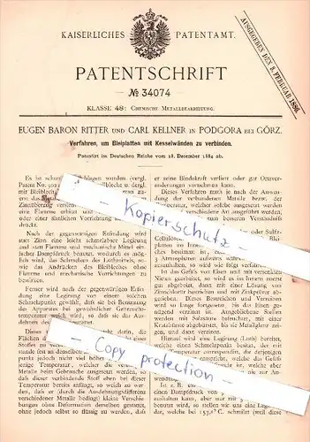 Original Patent  -  Eugen Baron Ritter und Carl Kellner in Podgora bei Görtz / Gorizia , 1884 , !!!