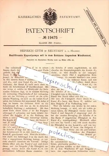 Original Patent  - Heinrich Guth in Neustadt a. d. Haardt , 1882 , Pumpen !!!