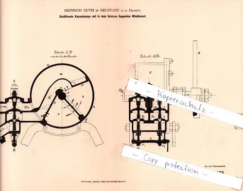 Original Patent  - Heinrich Guth in Neustadt a. d. Haardt , 1882 , Pumpen !!!