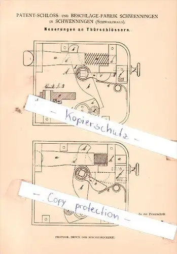 Original Patent  - Patent-Schloss- und Beschläge-Fabrik Schwenningen , Schwarzwald , 1881 , !!!