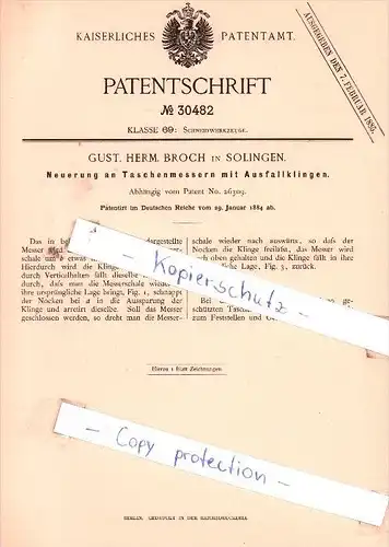 Original Patent  - Gust. Herm. Broch in Solingen , 1884 , Schneidewerkzeuge !!!