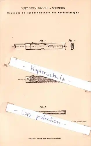 Original Patent  - Gust. Herm. Broch in Solingen , 1884 , Schneidewerkzeuge !!!