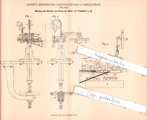 Original Patent  - Sociètè Anonyme des Verreries Rèunies in Familleureux , Belgien , 1895 , !!!