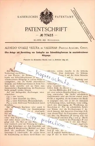Original Patent  -  A. O. Vicuna in Vallenar , Provinz Atacama, Chile , 1893 , Hüttenwesen !!!