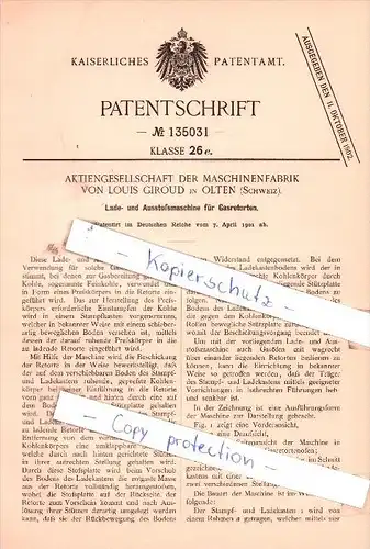 Original Patent  - AG der Maschinenfabrik von Louis Giroud in Olten , Schweiz , 1901 , Gas-Retorten !!!