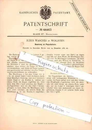 Original Patent  - Julius Wascher in Wollstein / Wolsztyn , 1887 , Neuerung an Pappdächern !!!