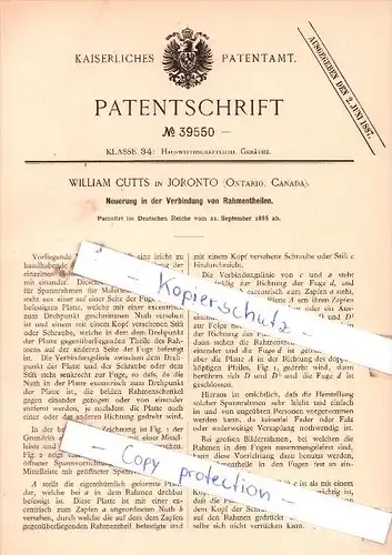 Original Patent  - William Cutts in Joronto / Toronto , Ontario, Canada , 1886 , Verbindung von Rahmentheilen !!!