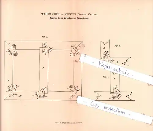 Original Patent  - William Cutts in Joronto / Toronto , Ontario, Canada , 1886 , Verbindung von Rahmentheilen !!!