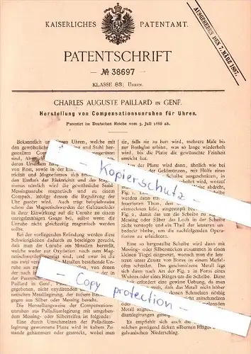 Original Patent - Charles Auguste Paillard in Genf , 1886 , Compensationsunruhen für Uhren !!!