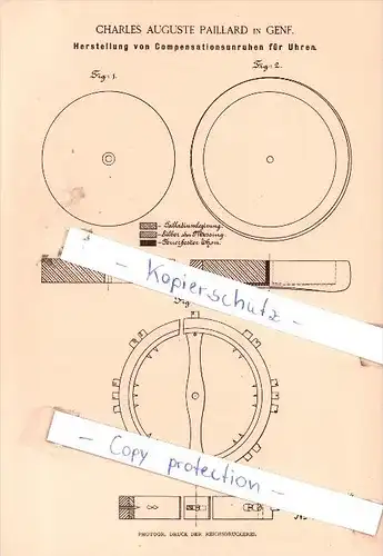Original Patent - Charles Auguste Paillard in Genf , 1886 , Compensationsunruhen für Uhren !!!