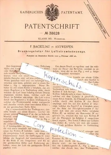 Original Patent - F. Backeljau in Antwerpen , 1886 , Druckregulator für Luftstromhebezeuge !!!