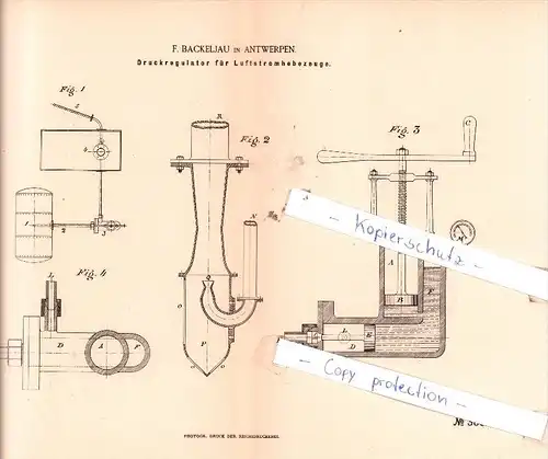 Original Patent - F. Backeljau in Antwerpen , 1886 , Druckregulator für Luftstromhebezeuge !!!