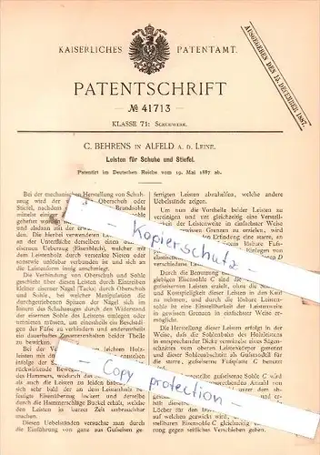 Original Patent - C. Behrens in Alfeld a. d. Leine , 1887 , Leisten für Schuhe und Stiefel !!!