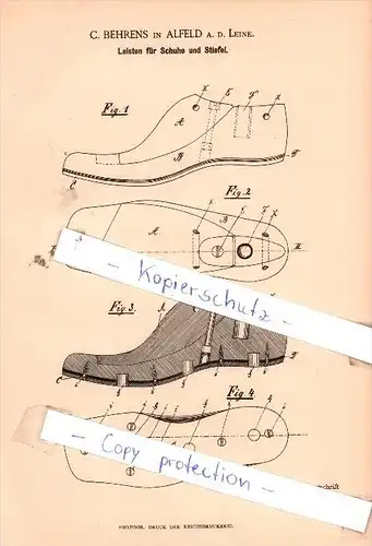 Original Patent - C. Behrens in Alfeld a. d. Leine , 1887 , Leisten für Schuhe und Stiefel !!!