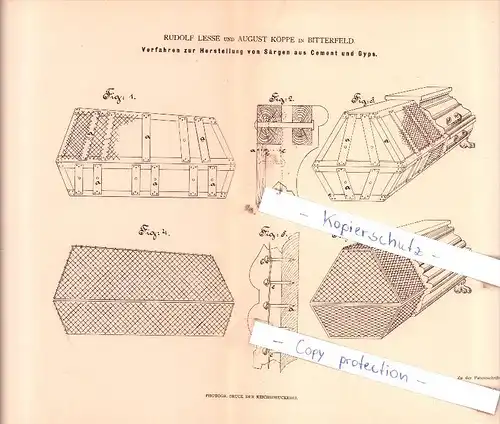 Original Patent -  R. Lesse und A. Köppe in Bitterfeld , 1880 , Herstellung von Särgen aus Cement , Sarg , Bestatter !!!