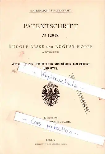 Original Patent -  R. Lesse und A. Köppe in Bitterfeld , 1880 , Herstellung von Särgen aus Cement , Sarg , Bestatter !!!