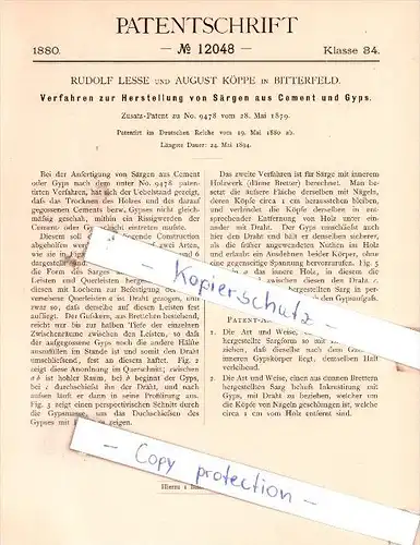 Original Patent -  R. Lesse und A. Köppe in Bitterfeld , 1880 , Herstellung von Särgen aus Cement , Sarg , Bestatter !!!