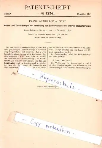 Original Patent - Franz Wundrack in Zeitz , 1880 , Ketten- und Einschiebziegel  !!!