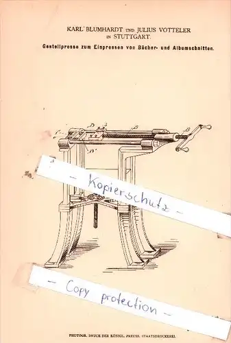 Original Patent - K. Blumhardt und J. Votteler in Stuttgart , 1878 ,  Gestellpresse !!!