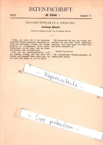 Original Patent -  Eduard Borgartz in Iserlohn , 1878 , Zweiöhrige Nähnadel !!!