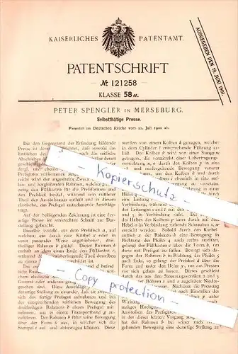 Original Patent - Peter Spengler in Merseburg , 1900 , Selbstthätige Presse !!!