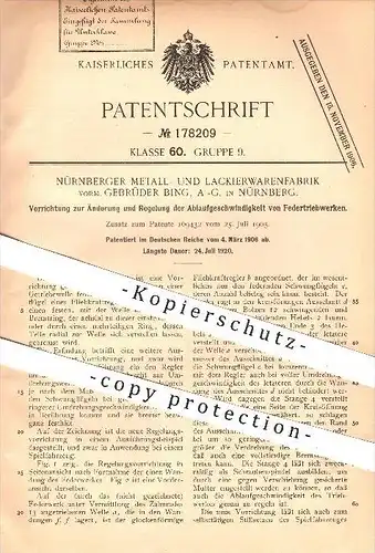 original Patent - Nürnberger Metall- u. Lackierwarenfabrik vorm. Gebrüder Bing AG in Nürnberg , 1906 , Federtriebwerke