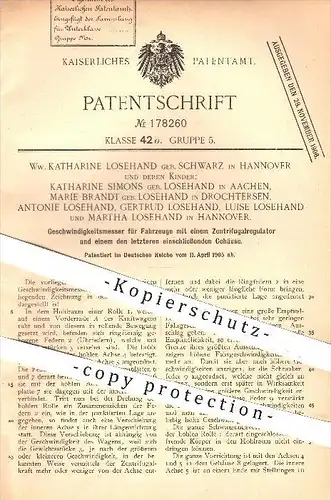 original Patent - Ww. Katharine Losehand geb. Schwarz & Töchter , Hannover , 1905 , Geschwindigkeitsmesser für Fahrzeuge