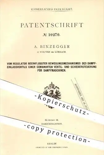 original Patent - A. Binzegger in Stetten bei Lörrach , 1880 , Mechanismus an Steuerung für Dampfmaschinen , Regulator !