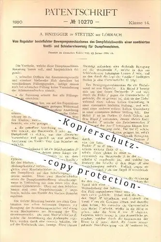 original Patent - A. Binzegger in Stetten bei Lörrach , 1880 , Mechanismus an Steuerung für Dampfmaschinen , Regulator !