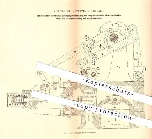 original Patent - A. Binzegger in Stetten bei Lörrach , 1880 , Mechanismus an Steuerung für Dampfmaschinen , Regulator !