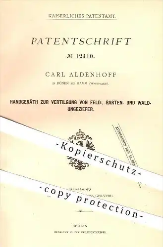 original Patent - Carl Aldenhoff , Bönen , Hamm , 1879 , Gerät zur Bekämpfung von Ungeziefer , Schädlinge !!!
