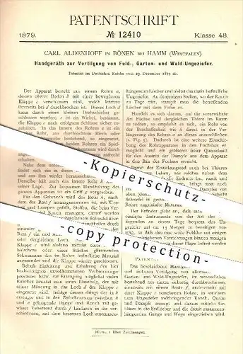 original Patent - Carl Aldenhoff , Bönen , Hamm , 1879 , Gerät zur Bekämpfung von Ungeziefer , Schädlinge !!!