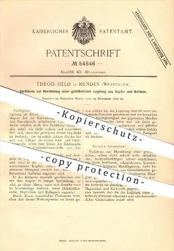 original Patent - Theod. Held in Menden , 1889 , Herstellung einer goldähnlichen Legierung aus Kupfer u. Antimon , Gold
