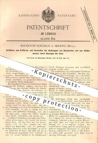 original Patent - Baudouin Souheur in Seraing , Belgien , 1901 , Entfernen u. Verwerten der Grubengase aus dem Bergwerk