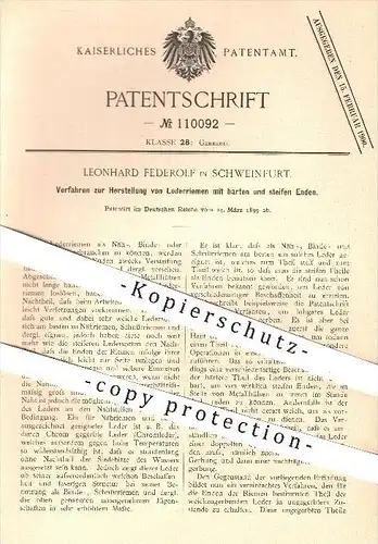 original Patent - Leonhard Federrolf in Schweinfurt , 1899 , Herstellung von Leder - Riemen , Gerberei , Gerben , Gerber