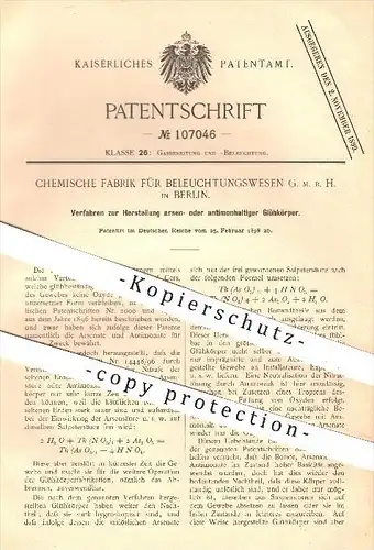 original Patent - Chemische Fabrik für Beleuchrungswesen GmbH , Berlin , 1898 , Herstellung von Glühkörper , Arsen !!!