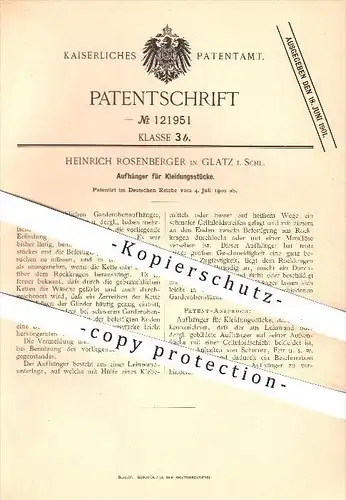 original Patent - Heinrich Rosenberger , Glatz , Schlesien , 1900 , Aufhänger für Kleidung , Garderobe , Haushalt !!!
