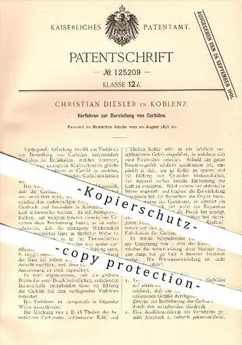 original Patent - Christian Diesler in Koblenz , 1898 , Darstellung von Carbiden , Karbid , Karbide , Erdalkalien , Gas