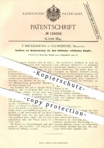 original Patent - F. Meckelnburg in Neumünster , Holstein , 1900 , Nutzen des beim Kalklöschen entstehenden Dampfes !!!