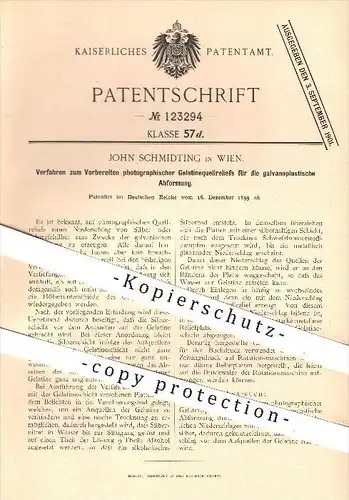 original Patent - John Schmidting in Wien , 1899 , Vorbereiten fotografischer Gelatinequellreliefs zur Abformung , Druck