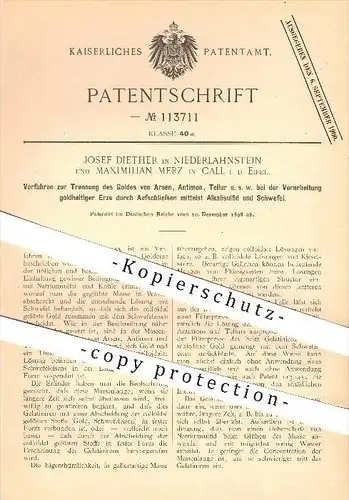 original Patent - J. Diether in Niederlahnstein & M. Merz in Call , Eifel , 1898 , Trennung des Goldes von Arsen , Gold